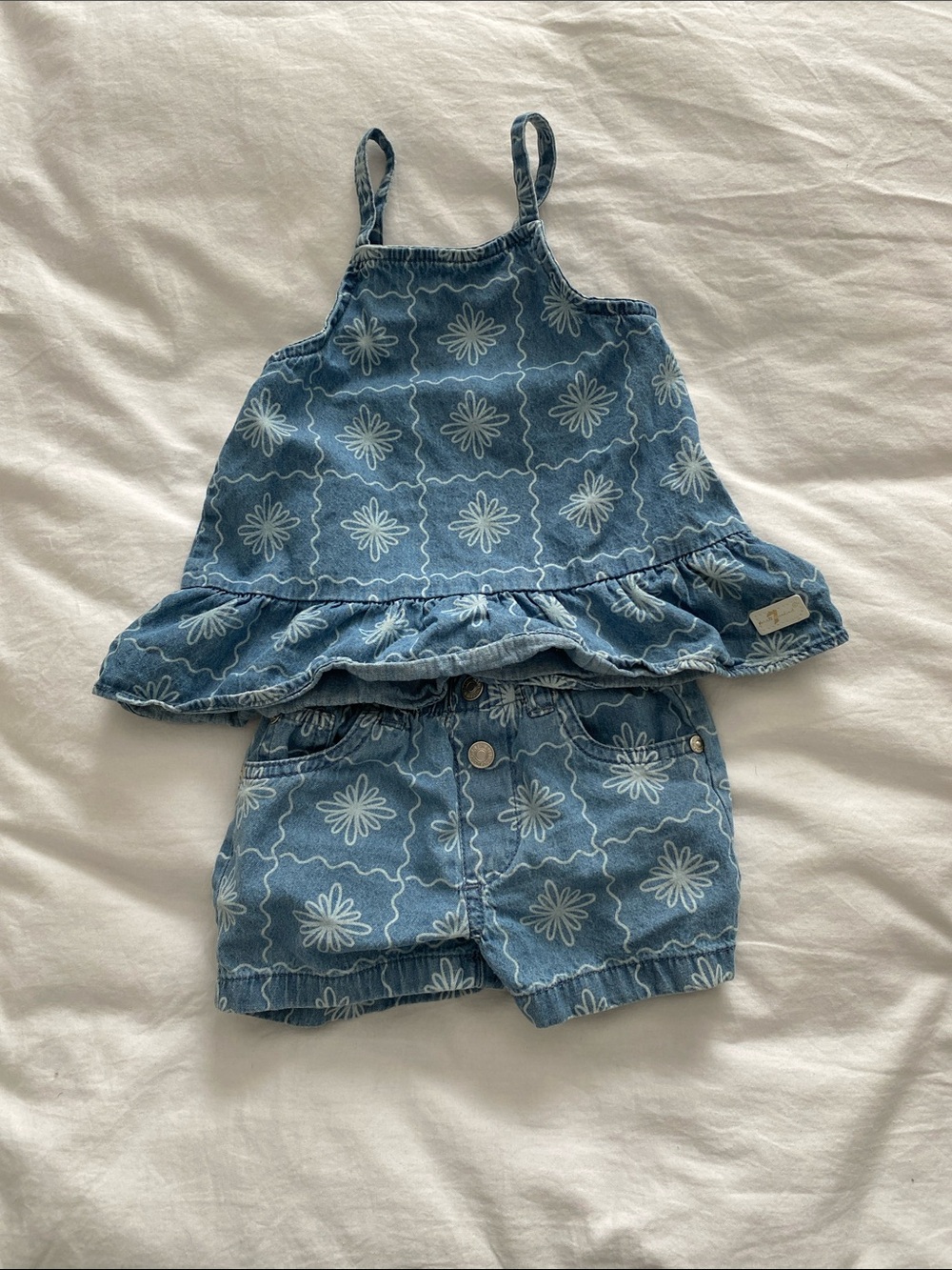 7 For All Mankind Blue Floral Denim Tank & Shorts Set